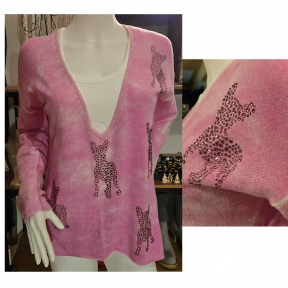 NWOT PINK CASHMERE Rhinestone DEEP V-NECK SWEATER LARGE 38 - Picture 1 of 7